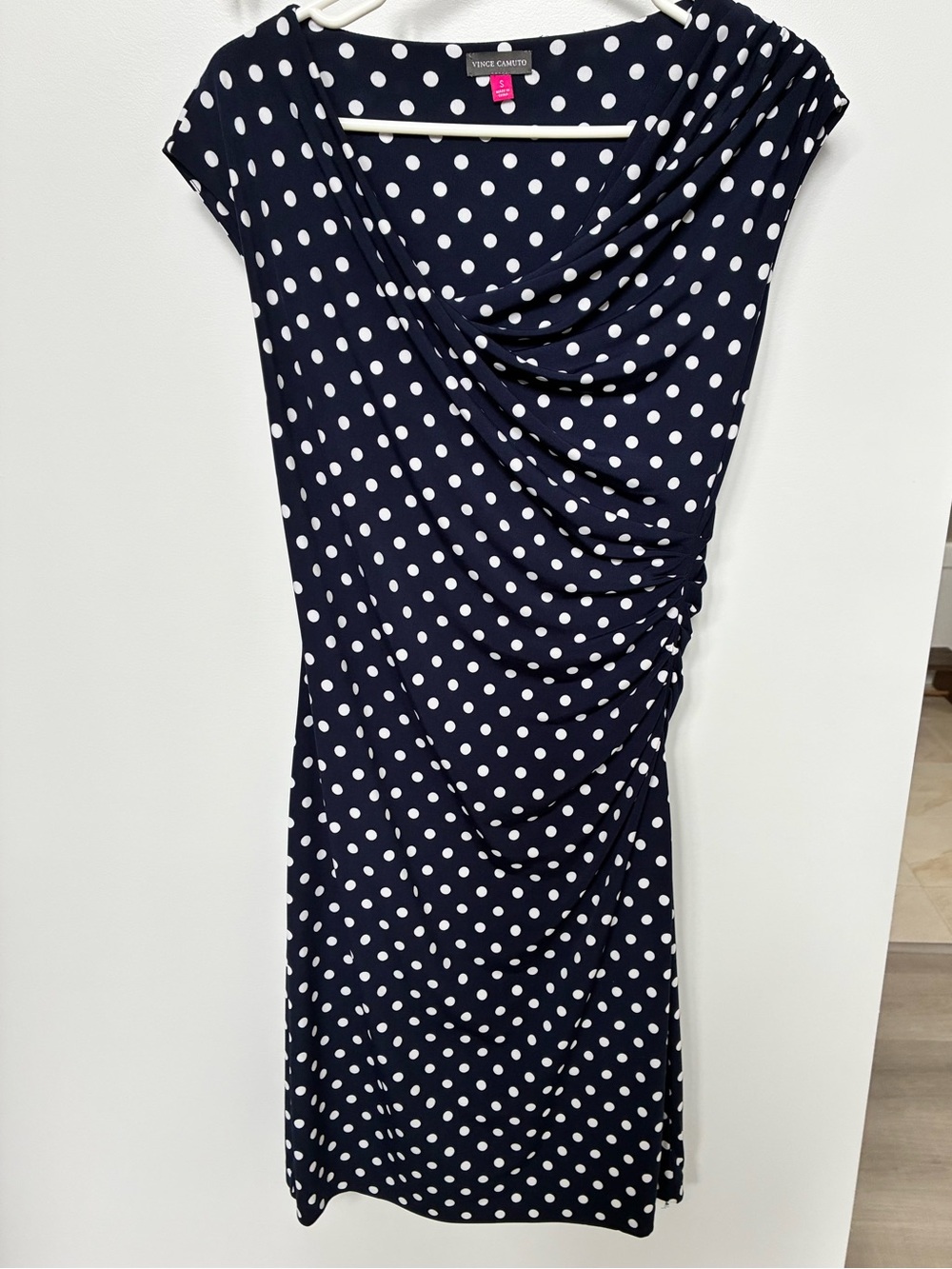 Vince Camuto Navy and White Polka Dot Draped Midi Dress